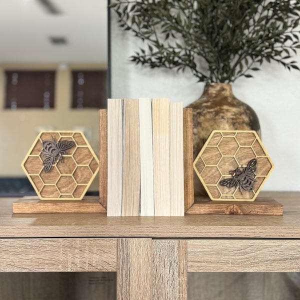 Honeycomb Bookends, Bee Bookends, Book Stoppers, Wooden Book Ends, Laser Cut Bookends, Modern Decor, Shelf Decor