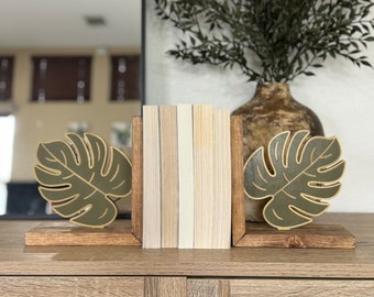 Monstera Bookends, Leaf Bookends, Book Stoppers, Wooden Book Ends, Laser Cut Bookends, Modern Decor, Shelf Decor