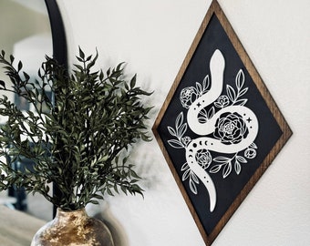 Floral Snake Charmer Diamond Sign, Laser Cut 3D Snake Art, Alternative Decor, Witchy Decor