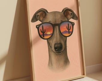 Greyhound Desert-kunstprint, hond met zonnebril (digitale download)