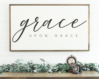 Grace Upon Grace Sign, Large Wood Sign, Framed Wood Sign, Farmhouse Sign, Living Room Sign, Family Sign, Murakami Sign