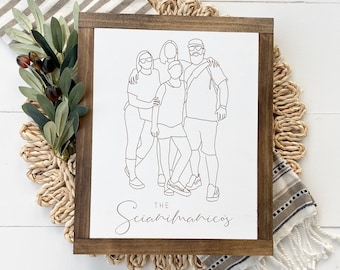 Custom Line Drawn Portrait, Line Drawing, Family Portrait, Wood Framed Sign, Minimalist Art, Photo Engraved Sign, Personalized Gift