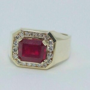Men's Lab created Emerald Cut Red Ruby Dimond  Wedding Ring  18k Yellow gold plated