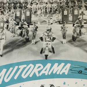 May include: A black and white photo of a group of people riding scooters. The people are dressed in uniforms and are holding instruments. The photo is titled "AUTorama".
