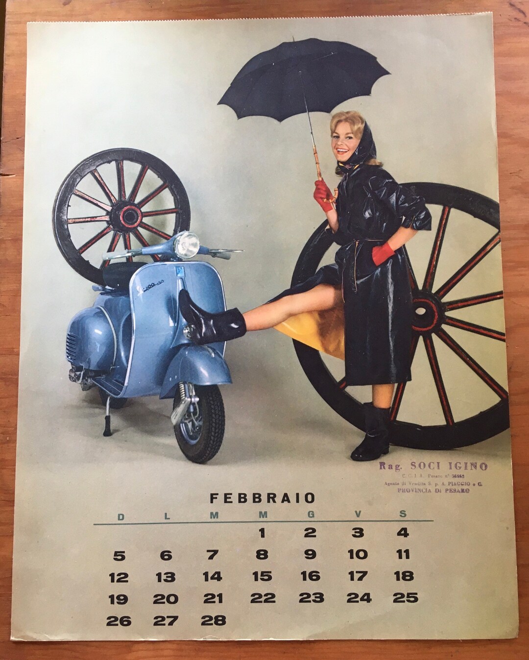 Vintage VESPA Pin-up February 1961 Piaggio Calendar Page Sexy