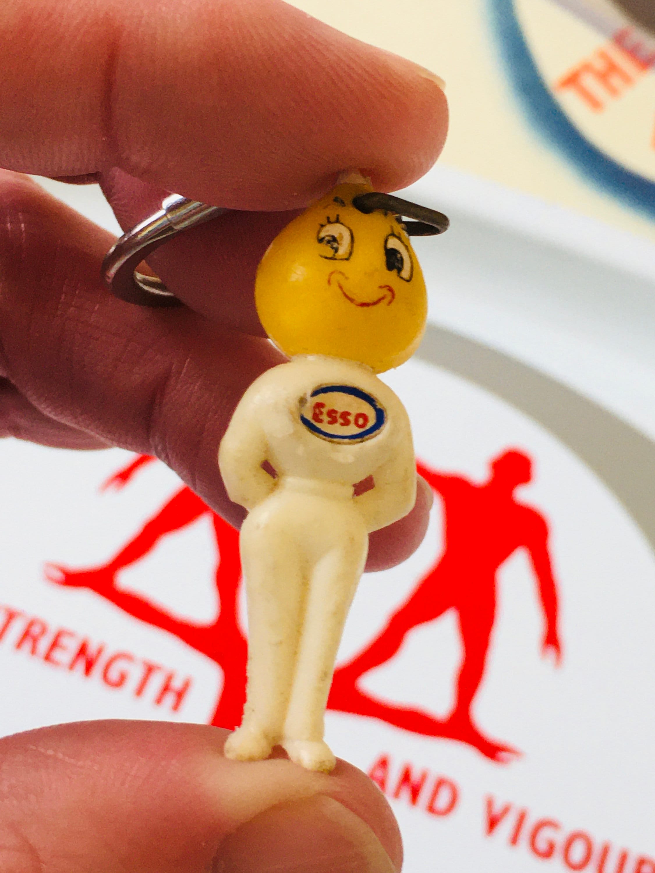 Vintage ESSO Oil Drop Man Girlfriend Mascot Keychain Original