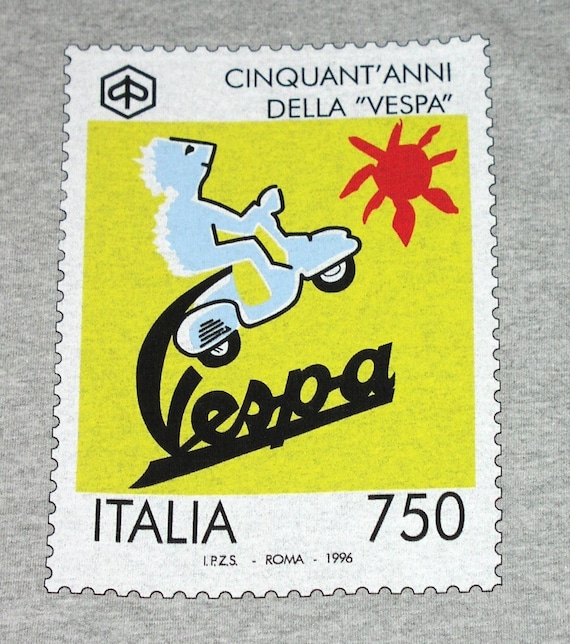 VESPA T-SHIRT 50th Anniversary Italia Scooter Postage Stamp Anni 