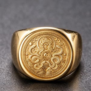 Puede incluir: Un anillo de tono dorado con una cara circular que presenta un diseño en relieve de una figura central con cabello largo, rodeada por dos serpientes enroscadas y un símbolo de media luna. El borde exterior muestra una serie de círculos.
