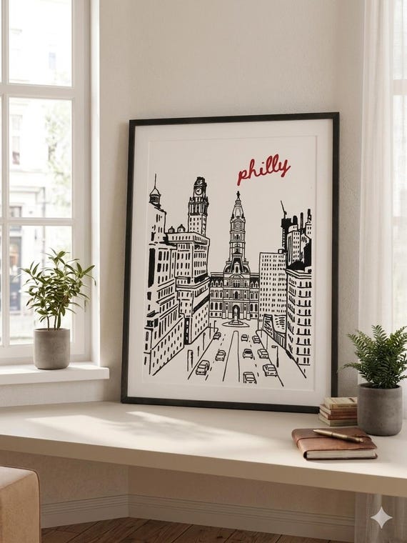 Philly skyline sketch Poster | Philadelphia cityscape illustration, rolled poster