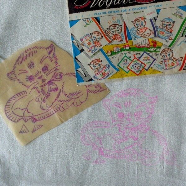 7 Vintage STAMPED for EMBROIDERY 100% Cotton Dish Towels PlayFUL KitteNS 29" x 34" Hemmed Tea Towel Embroidery Feed Flour Sack Style