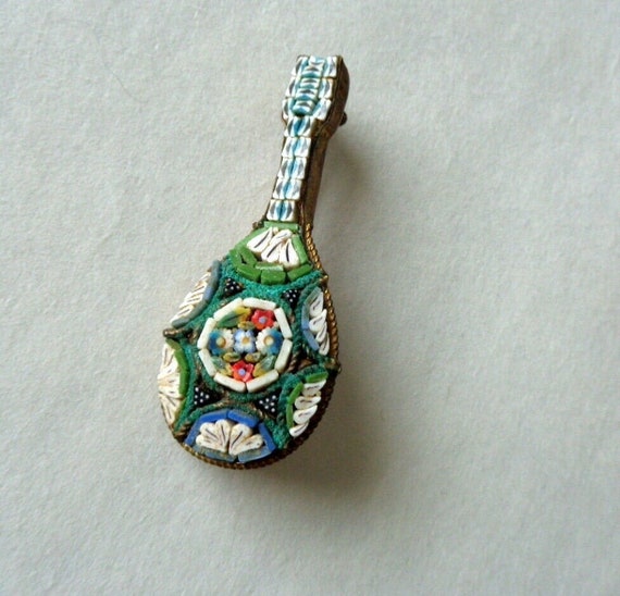 Vintage MICRO MOSAIC Mandolin BROOCH Pin Italy Mi… - image 1