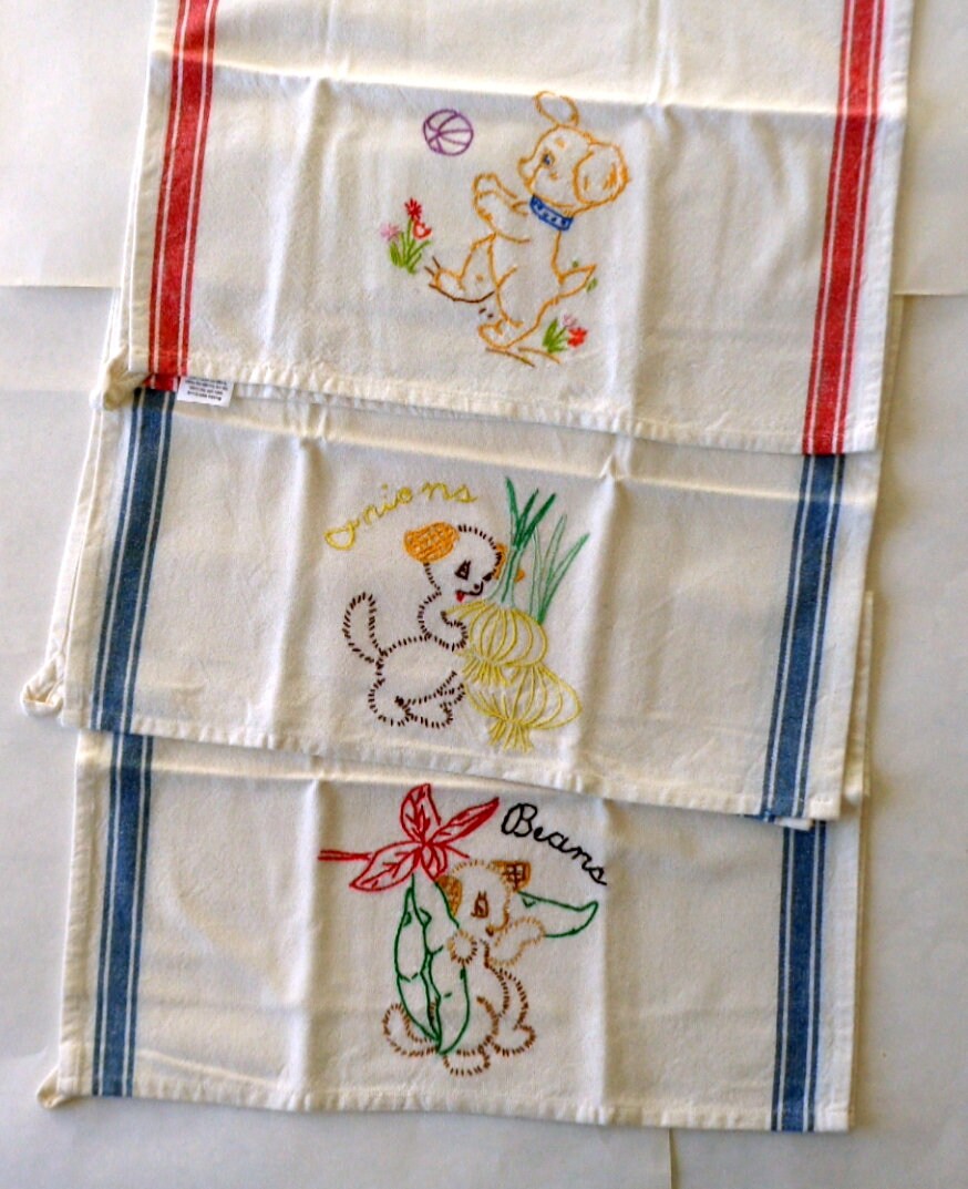 Set of 3 Vintage Hand Embroidered Striped Border Cotton