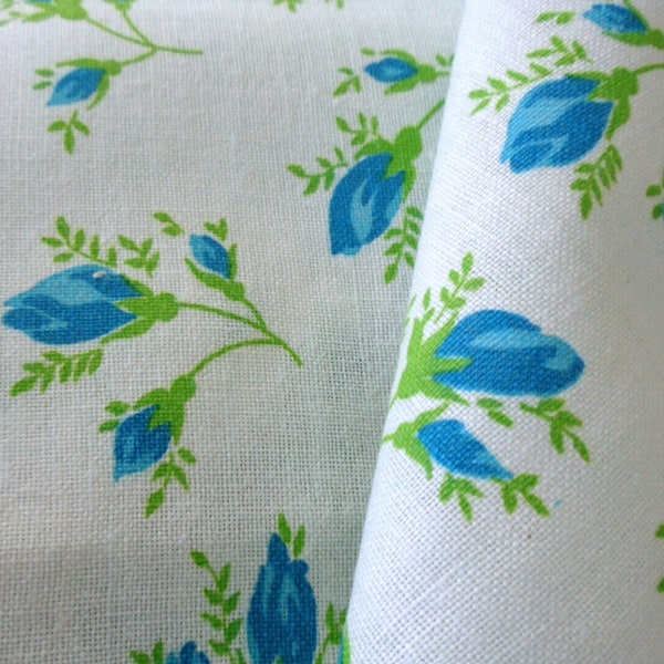 Vintage 35" x 42" Opened Feed Sack Fabric BLUE ROSEBUDS on WHITE Cotton Flour Sack Quilting Quilt Crafts Sewing Mini Design Large Floral