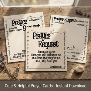 May include: Three off-white prayer request cards with black text and cross borders. The cards feature the text Prayer Request, Jeremiah 29:12, and checkboxes for Confidential, Group prayer, and Please reach out to me on a wooden surface.