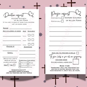 May include: Two white rectangular cards with black text on a pink background featuring dark cross icons. The left card is a donation request form for Victory Church of Allen Town. The right card is a prayer request form with contact details.