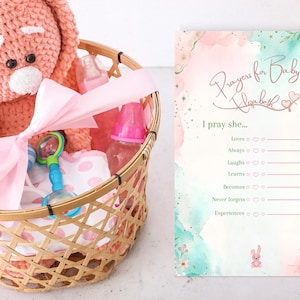 Babyshower prayer card pastel “I pray” printable or digital sending add baby name Canva template customize scripture luke 2:40 baby wishes