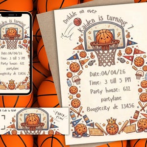 Pojkars födelsedagsfest dribbla på överfest utskrivbar eller digital skicka Google RSVP Canva redigering ålder anpassningsbar basketboll