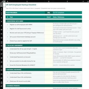 May include: A digital spreadsheet titled UK Self-Employed Startup Checklist with sections for HMRC registration, tax, self-assessment, national insurance, and business finances. The table includes columns for task numbers, descriptions, and notes.