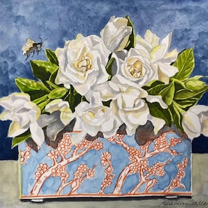 May include: Watercolour painting of white gardenias in a blue rectangular vase with a floral design. A bee hovers near the flowers. The vase has a light blue background with a reddish-brown floral pattern.