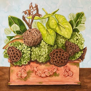 May include: Watercolor painting of a floral arrangement in a rectangular terracotta planter. The arrangement includes green leaves, light green flowers, and brown decorative elements. A small, brown, insect-like figure is perched above the arrangement.