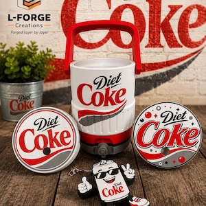 May include: A white and red Diet Coke branded beverage cooler with a handle and spigot, two circular Diet Coke branded lids, and a Diet Coke can character keychain with sunglasses, all featuring the Diet Coke logo and red and silver accents.
