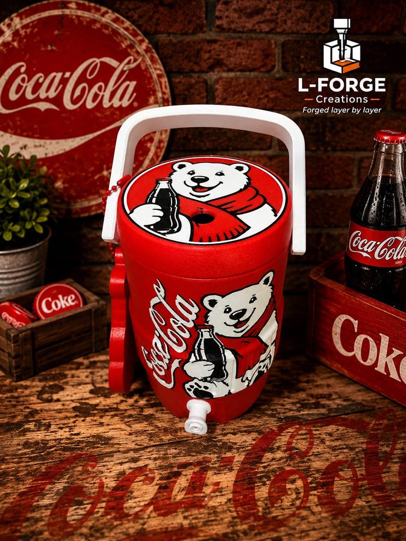 May include: A red cylindrical beverage cooler featuring a white handle and a white spigot at the base. The cooler displays a graphic of a white polar bear wearing a red scarf and holding a glass Coca-Cola bottle on both the lid and the front side.