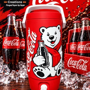 May include: A red cylindrical beverage cooler with a white handle and a white spigot at the base. The front features a graphic of a white polar bear wearing a red scarf and holding a glass bottle. The text 500mL / 16.9 oz is visible below.