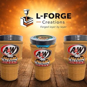 May include: Three tan, waffle-textured ice cream cone-shaped cup holders. Two are empty with black lids, and one holds a pint of ice cream. Each features an A&W Ice Cream Sundae logo. Above is the L-FORGE Creations logo and text.