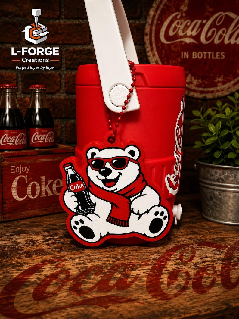 May include: A flat, die-cut plastic ornament featuring a white polar bear wearing red sunglasses and a red scarf, holding a black glass bottle with a red Coke label. The ornament hangs from a red beaded chain against a red plastic cooler.