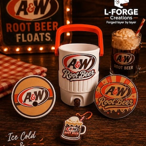 May include: A white beverage cooler with an orange handle and A&W Root Beer logo, accompanied by two circular coasters featuring A&W branding, a small root beer float keychain, and a glass mug filled with a root beer float and a striped straw.