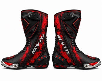 Revit Style Motorcycle Racing Boots | Genuine Cowhide Leather, Red Black Sport Bike Gear