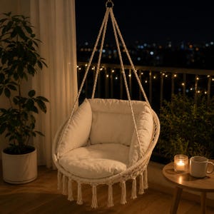 May include: A hanging macrame chair featuring a circular frame with woven off-white cotton rope, decorative fringe tassels along the bottom, and a plush, matching off-white seat cushion and backrest suspended by thick braided ropes from a metal ring.