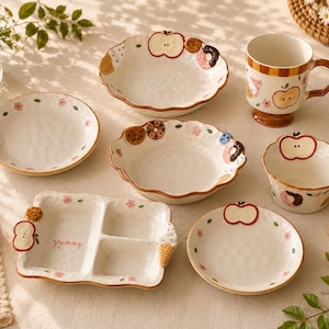 Ceramic Apple Dessert Dinnerware Set, Cottagecore Kitchen Tableware, Serving Plates Mug
