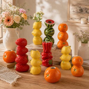 Ceramic Fruit Vases, Strawberry Lemon Orange Watermelon Decor