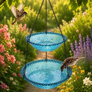 May include: A two-tiered hanging bird bath featuring bright blue glass bowls with embossed floral patterns and beaded edges. The bowls are suspended by black metal chains, with one sparrow flying towards the top bowl and another drinking.