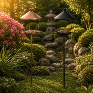 May include: Two bird feeders on thin metal poles, one with a copper-colored conical roof and matching stand, the other with a black conical roof and matching stand. Both feature a circular tray filled with birdseed and a small bird figurine on top.