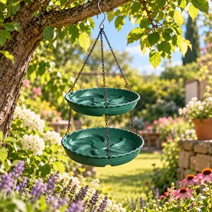 Op de afbeelding: Een hangende vogelbad met twee niveaus, bestaande uit donkergroene kunststof schalen met geschulpte randen. De ronde plateaus zijn verbonden door zwarte metalen kettingen en hangen aan een haak, geschikt voor buitengebruik.