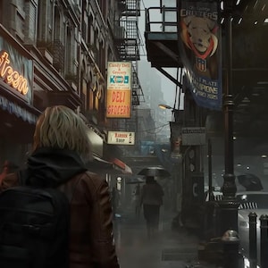 May include: A person with short blonde hair wearing a brown jacket and a black backpack walks down a rainy city street at dusk. Neon signs for a grill and deli grocery line the sidewalk, while a banner featuring a dog hangs from a metal pole.