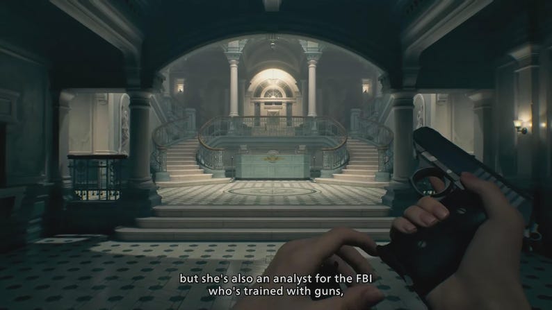May include: A first-person perspective of a dark handgun held in a hand, set against a grand interior hall with a symmetrical staircase, marble flooring, and columns. Subtitles at the bottom read: but she's also an analyst for the FBI who's trained with guns,