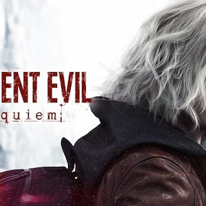 May include: A digital poster featuring a person with short, wavy, light-colored hair wearing a dark brown leather jacket and a black hooded garment. The text RESIDENT EVIL requiem is displayed in red and white lettering against a dark background.