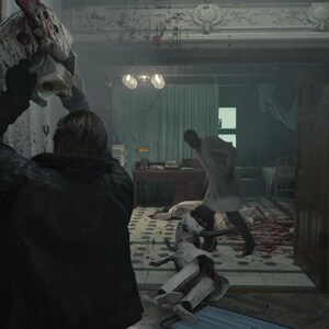 May include: A figure in a dark jacket holds a blood-stained chainsaw above their head in a dimly lit room. In the background, another figure in a white coat stands near a desk, while a second figure in white lies on the floor amidst bloodstains.