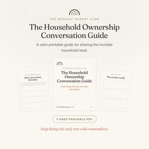 Puede incluir: Una guía imprimible titulada "The Household Ownership Conversation Guide" con el texto "Stop being the only one who remembers." La guía incluye secciones para la propiedad, iniciadores de conversación y un PDF de 7 páginas.