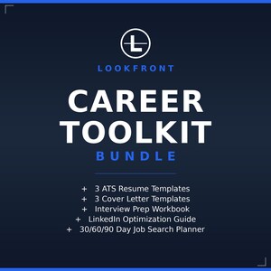 May include: A dark blue graphic with the text "CAREER TOOLKIT BUNDLE" in white. The bundle includes resume and cover letter templates, an interview prep workbook, a LinkedIn optimization guide, and a job search planner.