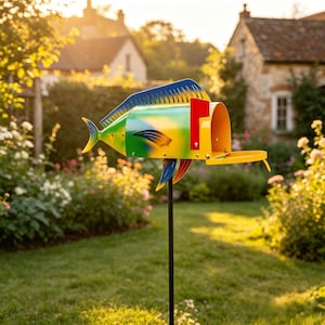 May include: A metal mailbox shaped like a fish, featuring a gradient of yellow, green, and blue paint. The fish has a prominent dorsal fin, a tail, and a red flag attached to the side. It is mounted on a thin, black vertical metal pole.