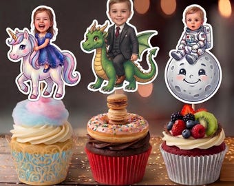 Adorno personalizado para cupcakes infantiles / Tema de unicornio, dragón y astronauta / Decoración personalizada para fiestas de cumpleaños