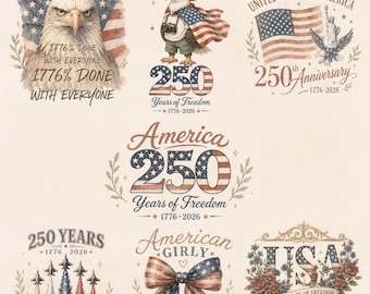 Paquete PNG del 250 aniversario de Estados Unidos, diseño de celebración de EE. UU. 1776-2026, PNG de sublimación patriótica,