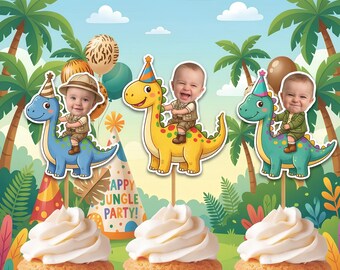 Adornos personalizados para cupcakes de dinosaurios con foto / Decoraciones personalizadas para fiestas de cumpleaños de dinosaurios / Palillos para cupcakes de dinosaurios de la jungla / Descarga digital