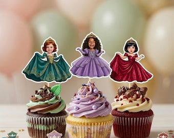 Adornos personalizados para cupcakes de princesas / Decoraciones personalizadas para fiestas de cumpleaños de princesas / Diseño digital de adornos para pasteles /