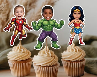 Adornos personalizados para cupcakes de superhéroes / Decoraciones personalizadas para fiestas de Vengadores y Superhéroes / Palillos personalizados para cupcakes con caras /