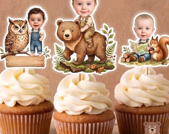 Adornos personalizados para cupcakes con temática de bosque / Adornos personalizados para cupcakes con animales del bosque / Decoración para fiestas de cumpleaños con osos, búhos y ardillas /